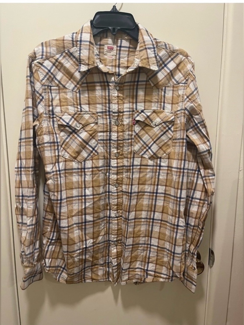 Levi's Men's Tan and White Plaid Button-Down Shirt